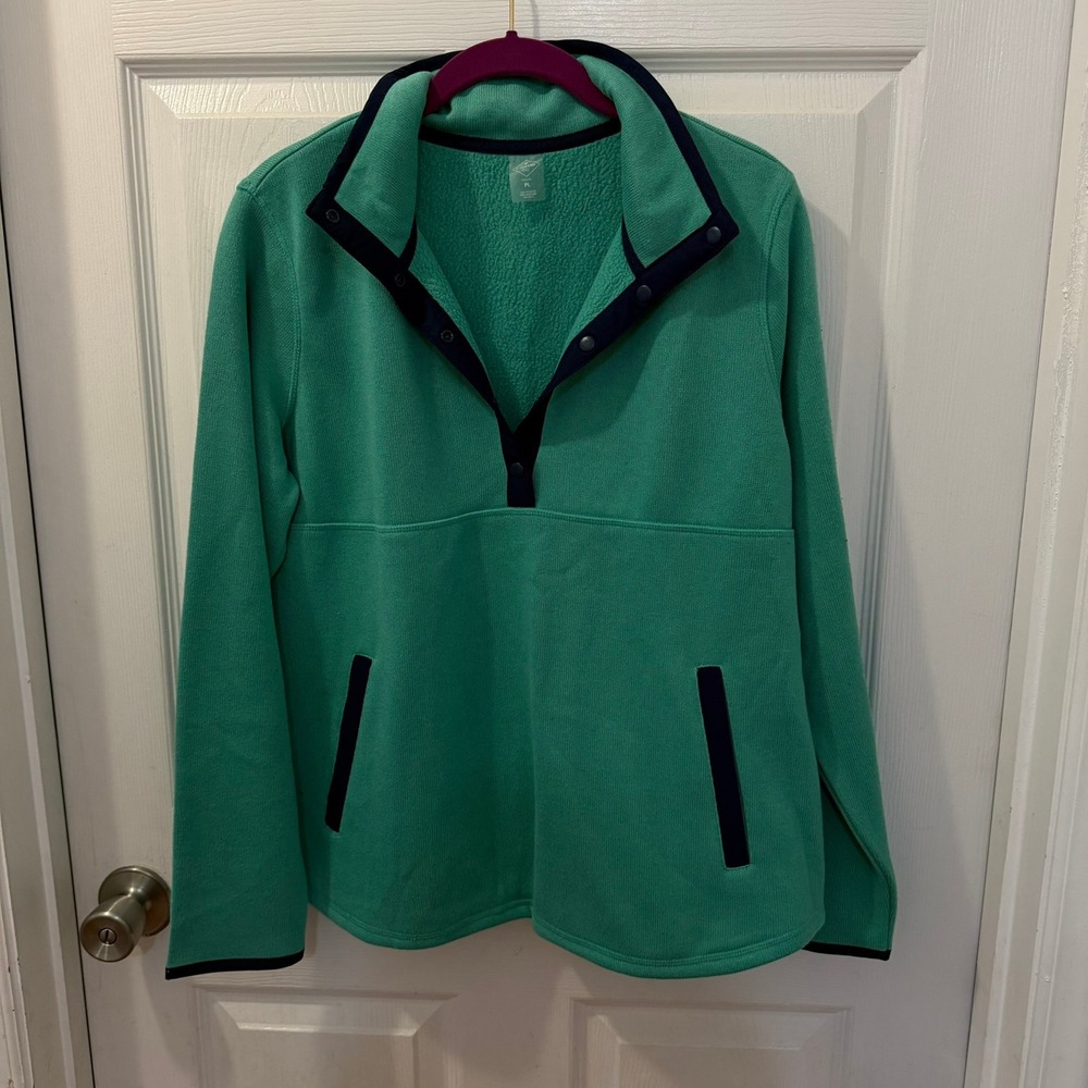 NWT St Johns Bay Women Petite Lg Pullover Fleece Sweatshirt Green Blue Snap Neck